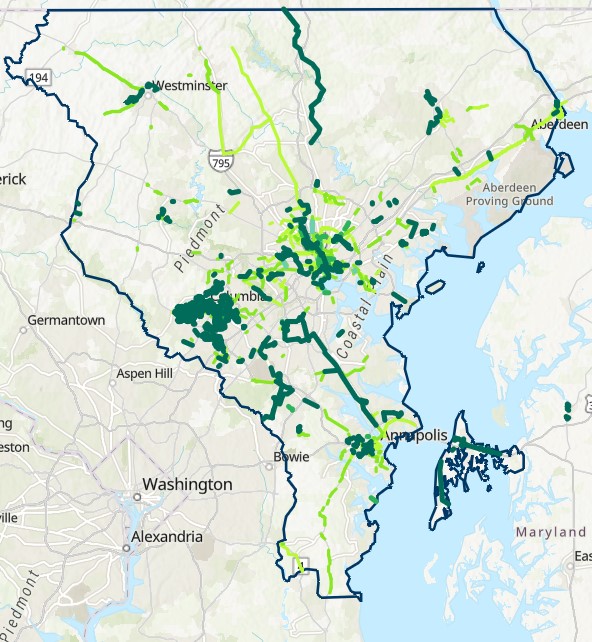 Current Baltimore Regional Bicycle Facilities Inventory Including Shared-use Path, Protected Bike Lane, Buffered Bike Lane, Standard Bike Lane, and Shared Road Lane